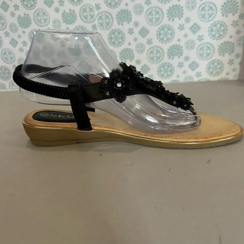Duo Mei Zu Yuan Womens‎ 10 Thong Slingback Sandals Black Tan Rhinestones Floral - Picture 5 of 12